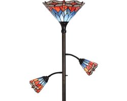 Vloerlamp - Staande lamp - Tiffany stijl - Gebrandschilderd glas - Libellenmotief - Fakkel lamp - Sfeerverlichting - Leeslamp met zijlichten - Multicolor lampenkap - Klassiek design - Woonkamer en slaapkamer verlichting - Decoratieve interieurverlich