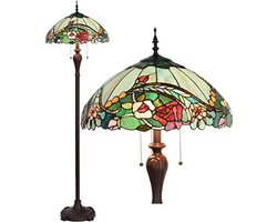Vloerlamp – Staande lamp – Tiffany stijl – Gebrandschilderd glas – Rozenmotief – Sfeerverlichting – Decoratieve lamp – Woonkamer lamp – Slaapkamer lamp – Leeslamp – Kunstzinnige verlichting – Multicolor lampenkap – Klassiek design – Interieurverlicht