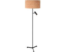 Vloerlamp Stang 4833ZW van Steinhauer met kantelbaar leeslicht, beige kurk kap, zwart 3-poots armatuur, 145 cm hoog, ideaal voor binnengebruik