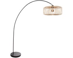 Vloerlampen Zwarte booglamp Solva 4156ZW met naturel bamboe kap, 185 cm hoog, kantelbaar, trendy design, Mexlite