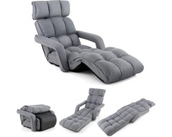 Vloerstoel, inklapbaar, relaxstoel met armleuning en rugleuning, 6 standen, verstelbare vloerstoel, relaxstoel voor entertainment en ontspanning, grijs