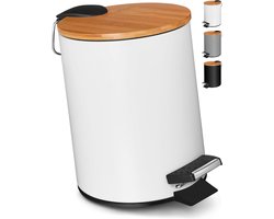 VMbathrooms 3L cosmeticablik in elegant wit design / Pedaalemmer met soft close / Elegante badkameremmer met binnenemmer en bamboe houten deksel