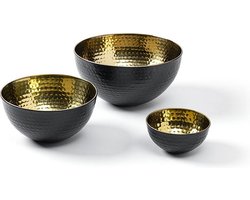 Voccelli bowls set van 3 stuks goud/zwart rvs 12,5/19,5/24cm hand gemaakt