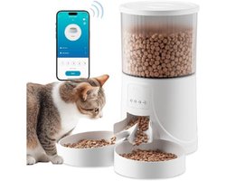 Voerbak kat-Voederdispenser voor Honden, Katten-Automatische kattenvoerdispenser-2,4 G WIFI-4L-Twee Kommen-Wit. App-Besturing-WIT.