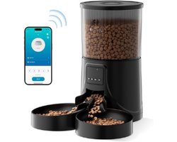 Voerbak kat-Voederdispenser voor Honden, Katten-Automatische kattenvoerdispenser-2,4 G WIFI-4L-Twee Kommen-Wit. App-Besturing-Zwart.