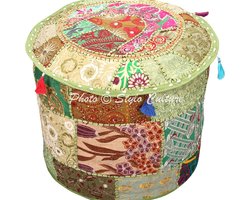 Voetenbank Hoes Vintage Groen - Indiase Geborduurde Patchwork Katoen - Traditionele Ronde Poef Ottoman Hoes - 40x40x33 cm