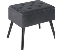 Voetenbank met opbergbank van fluweel en poten van massief hout, Ottomaanse opbergkruk met opbergruimte 50x35x45cm, donkergrijs
