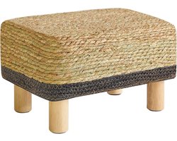 Voetenbank Rechthoekige voetenbank Natuurlijke zeegras voetenbank met houten poten Handgeweven multifunctioneel zitkussen Ottomaanse bank Bijzettafel voor woonkamer Slaapkamer 42×30×26CM Zwart