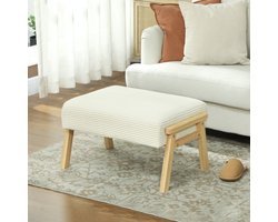 Voetenbankje Comfortabel – 70 x 46 x 40 cm – Stof En Hout – Crèmewit – Zachte Zitkruk Voor Woonkamer Of Slaapkamer – Retro Design