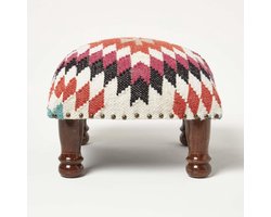Voetenbankje Kilim - Poef Hocker - Ontspannen Zitten - Handgeweven Wol Katoen - 40x40x25 cm - Oranje Wit