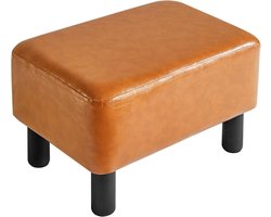 Voetenbankje Leer - Poef Zetel - Ontspannen Zitten - Stevige Houten Poten - 42x29x23 cm - Oranje