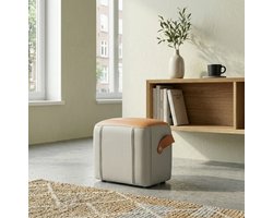Voetenbankje Met Handgreep En Gepolsterde Zitting – 31,5 x 24 x 29 cm – Kunstleer – Grijs – Voor Binnen