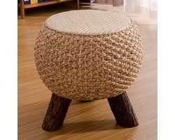 Voetenbankje Rotan - Houten Kruk - Ontspanning Thuis - Handgeweven Vakmanschap - 30x38CM - Licht