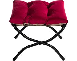 Voetensteun, klapkruk, opvouwbare kruk met metalen poten, afneembaar, gestoffeerde zitting van fluweel, rood (47 x 36 x 36 cm)