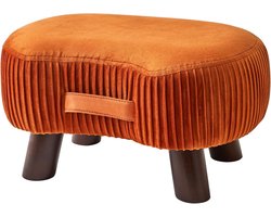 Voetkruk met handvat en zacht zitkussen van fluweel voor woonkamer - Oranje - Ergonomisch design - Massief hout - 40 x 28 x 23 cm.