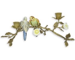 Vogel Kandelaar - Porselein Volgens - Twee Kaarsenhouders - Bronzen Kaarsenstandaard - Interieur Decoratie - 40x21x15