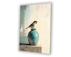 Vogel op vaas in schilderij - Vogel wanddecoratie - Kunstwerk dieren - Realistische kunst - Design aan de muur - Woondecoratie - Canvas 30x45 cm