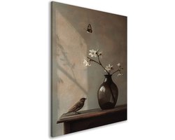 Vogel schilderijen - Vlinder - Dieren schilderij - Canvas schilderij vaas met bloemen - Wanddecoratie stilleven - Woonkamer - Woonaccessoires canvas 75x100 cm