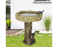 Vogelbad - 62x46 cm - Houtlook met Kunstvogel - Decoratief - Beton - Bruin