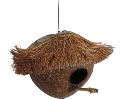 Vogelhuis – Kokosnoot – tropisch vogelhuisje – natuurlijk – milieuvriendelijk – decoratie – ecologisch – boho style – uniek – exotisch – schuilplek vogels – nest – tuindecoratie – winterverblijf – vogels spotters – duurzaam - vogelhuisje