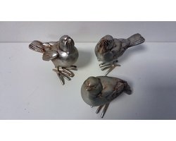 Vogels - 3 set - Beeld - Decoratie - Musjes - Polyresin - Zilver - Sfeervol