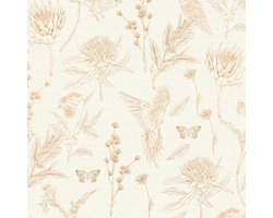 Vogels behang Profhome 394291-GU vliesbehang hardvinyl warmdruk in reliëf licht gestructureerd met bloemen patroon mat wit bruin beige oranje 5,33 m2