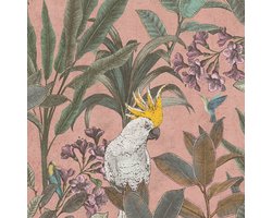 Vogels behang Profhome 397481-GU vliesbehang hardvinyl warmdruk in reliëf licht gestructureerd in jungle stijl mat roze groen violet geel 5,33 m2