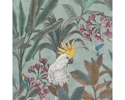 Vogels behang Profhome 397482-GU vliesbehang hardvinyl warmdruk in reliëf licht gestructureerd in jungle stijl mat groen blauw zuurstokroze geel 5,33 m2