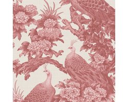 Vogels behang Profhome 399824-GU vliesbehang hardvinyl warmdruk in reliëf licht gestructureerd met bloemen patroon mat crème rood roze 5,33 m2