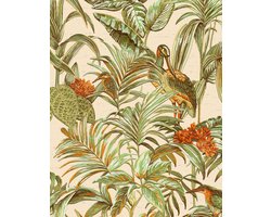 Vogels behang Profhome DE120013-DI vliesbehang hardvinyl warmdruk in reliëf gestempeld met exotisch patroon glanzend crème groen oranje 5,33 m2