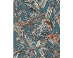 Vogels behang Profhome DE120016-DI vliesbehang hardvinyl warmdruk in reliëf gestempeld met exotisch patroon glanzend blauw petrol zilver caramel bruin 5,33 m2