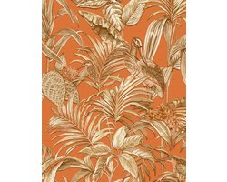 Vogels behang Profhome DE120019-DI vliesbehang hardvinyl warmdruk in reliëf gestempeld met exotisch patroon glanzend oranje koper goud crèmewit 5,33 m2