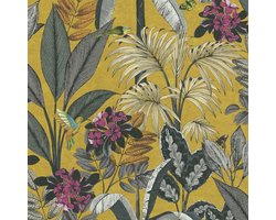 VOGELS BLADEREN EN BLOEMEN BEHANG | Tropisch - geel grijs groen roze - A.S. Création PintWalls II