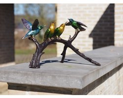 Vogels kolibries (4) gekleurd op tak in MASSIEF BRONS 24 cm hoog - bronzen beeld - tuinbeeld - hoogkwalitatief brons - decoratiefiguur - interieur - accessoire - voor binnen - voor buiten - cadeau - geschenk - kerst - nieuwjaar - verjaardag