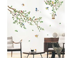 Vogels op Boomtak Muurstickers Groene Bladeren Vliegende Vogels Muurtattoo Slaapkamer Woonkamer TV Achtergrond Wanddecoratie