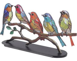 Vogels op Tak - Glas-in-lood Decor - Bureau Decoratie - Levendige Kleuren - 30 x 22 cm