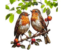 Vogels op Tak Suncatcher - Raamdecoratie Acryl - Decoratieve Zon Vanger - Handgemaakt Glas-in-lood Effect