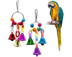 Vogelspeelgoed voor parkieten en valkparkieten - 2 stuks hangend speelgoed met ladder, hangmat, houten kauwspeelgoed en bel - kleurrijke kooi-accessoires voor kleine vogels