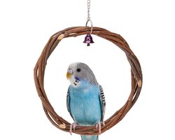 Vogelzitring van natuurlijk hout, rond, voor kooivogels, klim- en bijtstandaard, hangstoelringen, schommel met zilveren ijzeren bel en ketting voor papegaaien, parkieten, valkparkieten