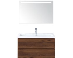 Vogue Badmeubelset 100 cm - Greeplijst in Kleur - Walnoot - Keramische Wastafel Wit 1 Kraangat met Sence Spiegel