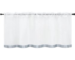 Voile bistrogordijn met satijnen band, korte stores, tunnelkoord, gordijnen voor in de keuken, voorhang met opgenaaid satijnen band als borduurwerk, grijs BxH 90x30 cm