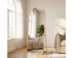 Volledig Gebogen Spiegel 162x53 cm, Minimalistische Vrijstaande Spiegel, Grote Staande Spiegel, Gebogen Vrijstaande Spiegel, Hangend Elliptisch Voor Slaapkamer Woonkamer Hal (Goud, 162x53 cm)