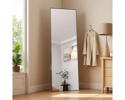 Volledige lichaamsspiegel 165x60 cm – Staande of wandspiegel met zwart aluminium frame – Rechthoekige make-up en passpiegel van gehard glas