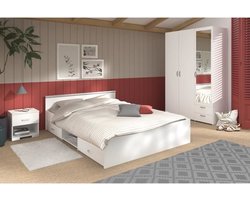 Volledige volwassen slaapkamer: bed 160 x 200 cm + kledingkast met 3 deuren en 2 lades + 2 nachtkastjes - Wit Decor - PARISOT