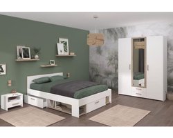 Volledige volwassen slaapkamer - DREAM - bed 140x190/200 cm + 2 nachtkastjes + kledingkast - Wit en eiken decor - PARISOT