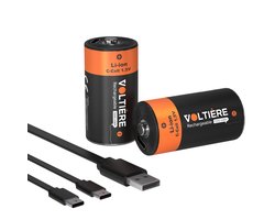 Voltière 2-Pack Oplaadbare Batterijen C - 7200 mWH C Batterij met 2in1 Oplaadkabel - Li-ion USB C Batterijen