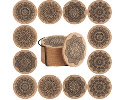 Volumoon Onderzetters, 12 stuks bloemenpatroon kurken onderzetters met metalen houder, natuurlijke kurken onderzetters met ronde vorm voor eettafel, houten glazen onderzetters voor thuis, restaurant, kantoor (bruin)