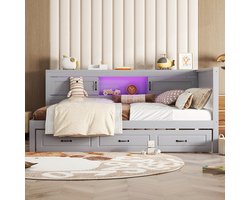 Volwassen bed Dubbel bed Sofa bed 140x200 cm afstandsbedienbare sfeerverlichting opbergruimte aan de zijkant uitschuifbaar bed grijs