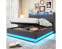 Volwassen bed LED dubbel bed 140x200 cm met USB oplaadpoort en hydraulische ondersteuning linnen Grijs