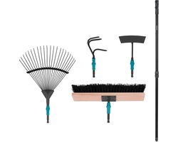 VONROC Premium tuingereedschap set 4-in-1, V-Fix systeem, met bladhark, bezem, schoffel en cultivator – gepoedercoat staal